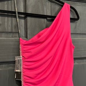 LAUNDRY BY SHELLI SEGAL One Shoulder Shirred Beaded Gown ROSE/HOT PINK BRAND NEW